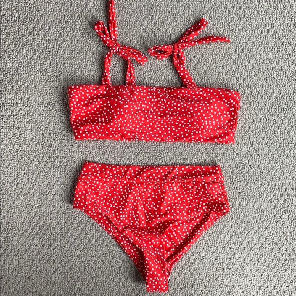 Polka Dot Tie Shoulder High Waist Bikini